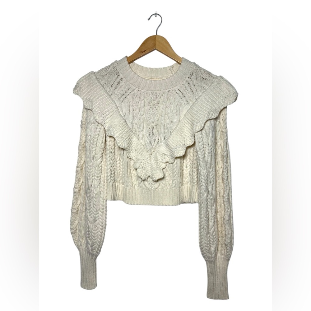 Womens Cableknit Ruffled Cottagecore Preppy Off White Cropped Sweater Size Small